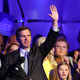 Gov.-elect Andy Beshear celebrates with supporters after voting results showed the Democrat holding a slim lead over Republican Gov. Matt Bevin at C2 Event Venue on Nov. 5, 2019, in Louisville, Ky.